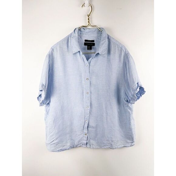 Tahari Shirt Womens Size Large Blue Button Up Linen Sleeveless V Neck - Picture 1 of 5
